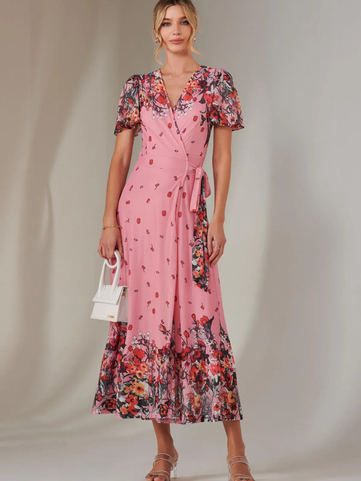 Jolie Moi Occasion Dresses|Floral Dresses-Mirror Print Mesh Wrap Maxi Dress, Pink Floral