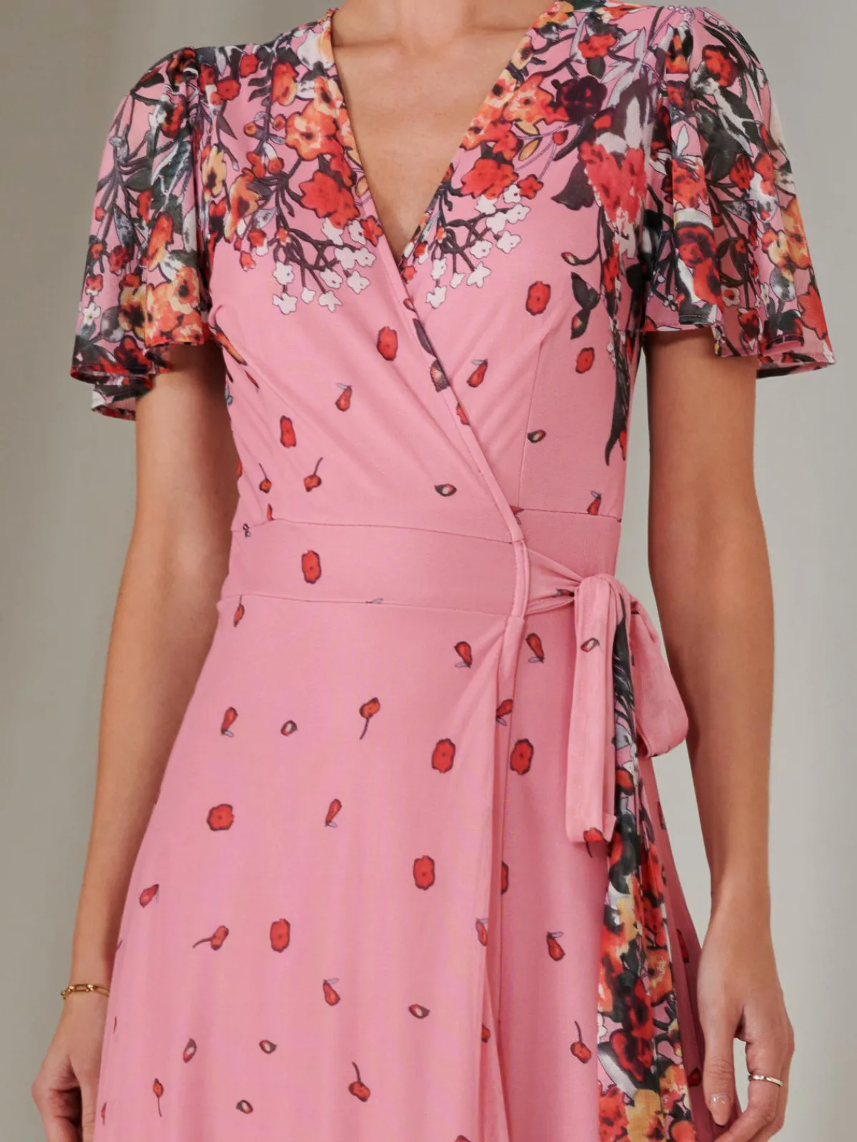 Jolie Moi Occasion Dresses|Floral Dresses-Mirror Print Mesh Wrap Maxi Dress, Pink Floral