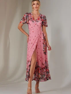 Jolie Moi Occasion Dresses|Floral Dresses-Mirror Print Mesh Wrap Maxi Dress, Pink Floral