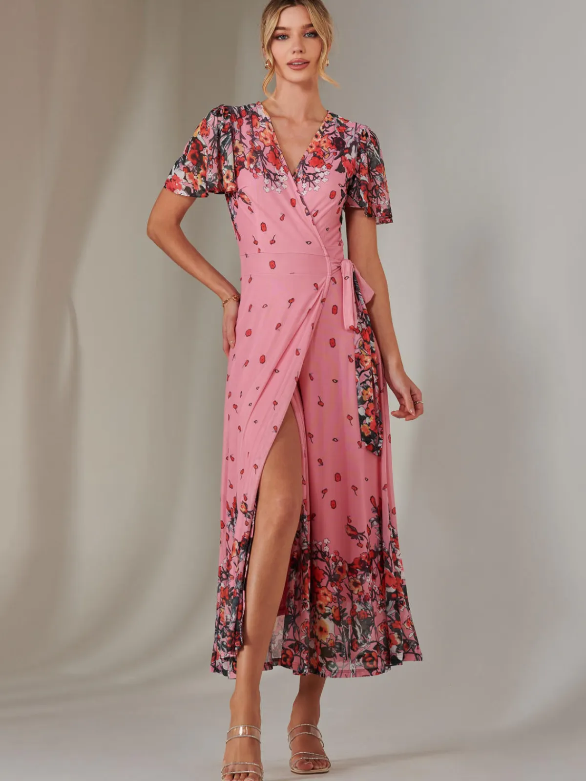 Jolie Moi Occasion Dresses|Floral Dresses-Mirror Print Mesh Wrap Maxi Dress, Pink Floral