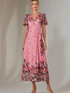 Jolie Moi Occasion Dresses|Floral Dresses-Mirror Print Mesh Wrap Maxi Dress, Pink Floral