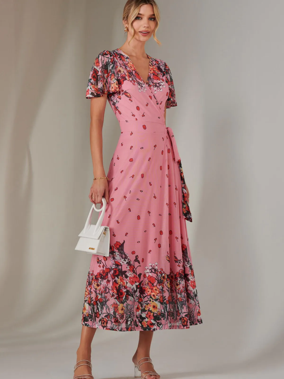 Jolie Moi Occasion Dresses|Floral Dresses-Mirror Print Mesh Wrap Maxi Dress, Pink Floral