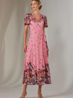 Jolie Moi Occasion Dresses|Floral Dresses-Mirror Print Mesh Wrap Maxi Dress, Pink Floral