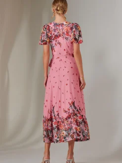 Jolie Moi Occasion Dresses|Floral Dresses-Mirror Print Mesh Wrap Maxi Dress, Pink Floral