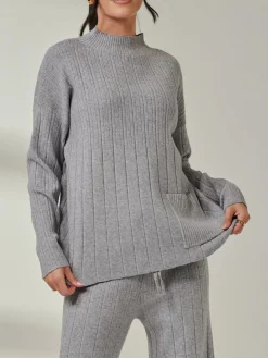 Jolie Moi Co-Ords|Weekend Casuals-Mockneck Pocket Knit Jumper, Dove Heather