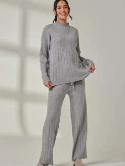 Jolie Moi Co-Ords|Weekend Casuals-Mockneck Pocket Knit Jumper, Dove Heather