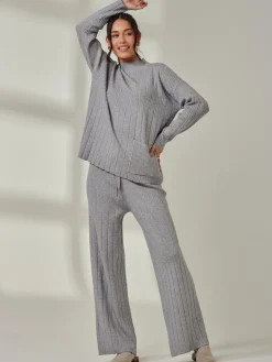 Jolie Moi Co-Ords|Weekend Casuals-Mockneck Pocket Knit Jumper, Dove Heather