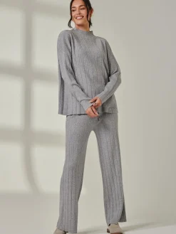 Jolie Moi Co-Ords|Weekend Casuals-Mockneck Pocket Knit Jumper, Dove Heather