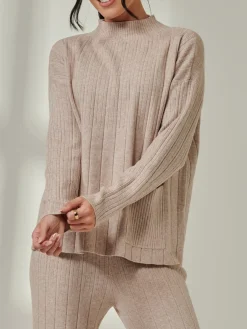 Jolie Moi Co-Ords|Weekend Casuals-Mockneck Pocket Knit Jumper, Mink Heather