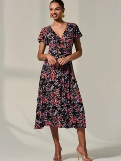 Jolie Moi Mother Of The Bride|Floral Dresses-Mock Wrap Jersey Midi Dress, Black Floral