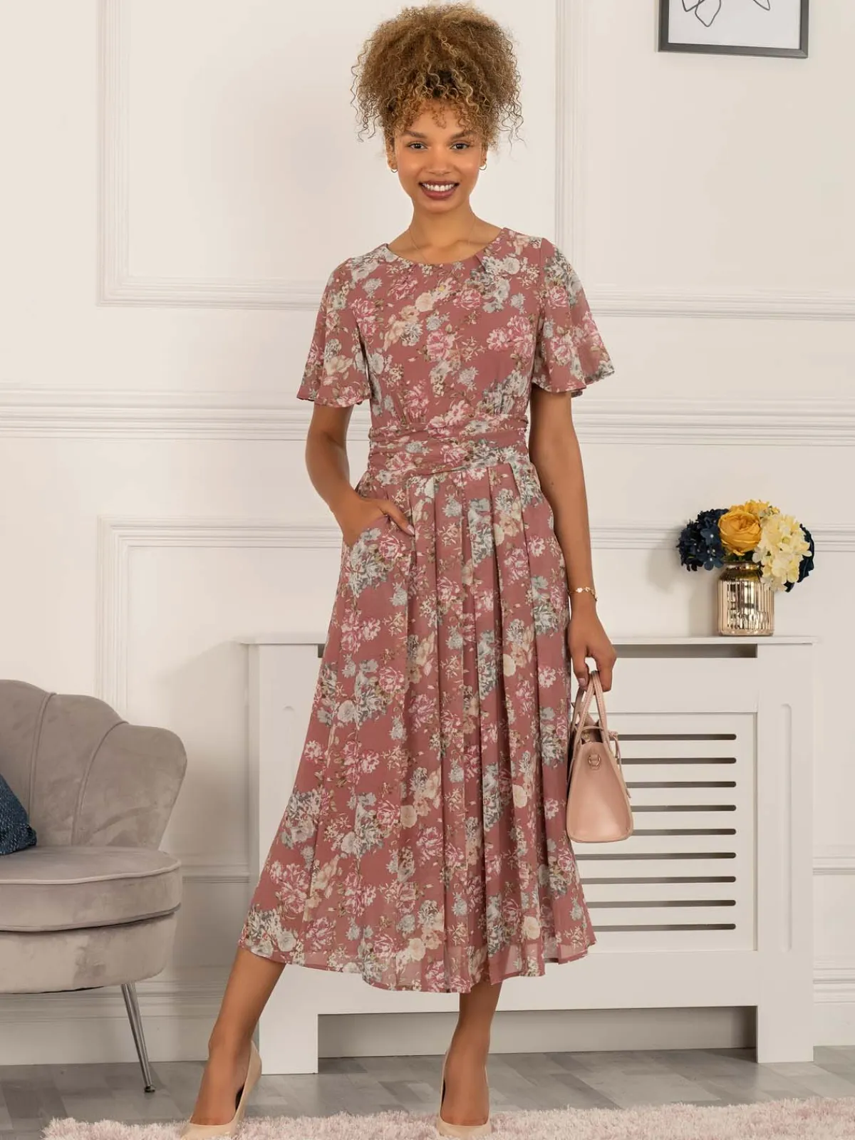 Jolie Moi Occasion Dresses|Weekend Casuals-Nadine Floral Print Chiffon Dress, Mauve