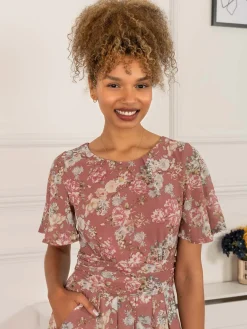 Jolie Moi Occasion Dresses|Weekend Casuals-Nadine Floral Print Chiffon Dress, Mauve
