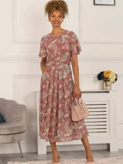 Jolie Moi Occasion Dresses|Weekend Casuals-Nadine Floral Print Chiffon Dress, Mauve