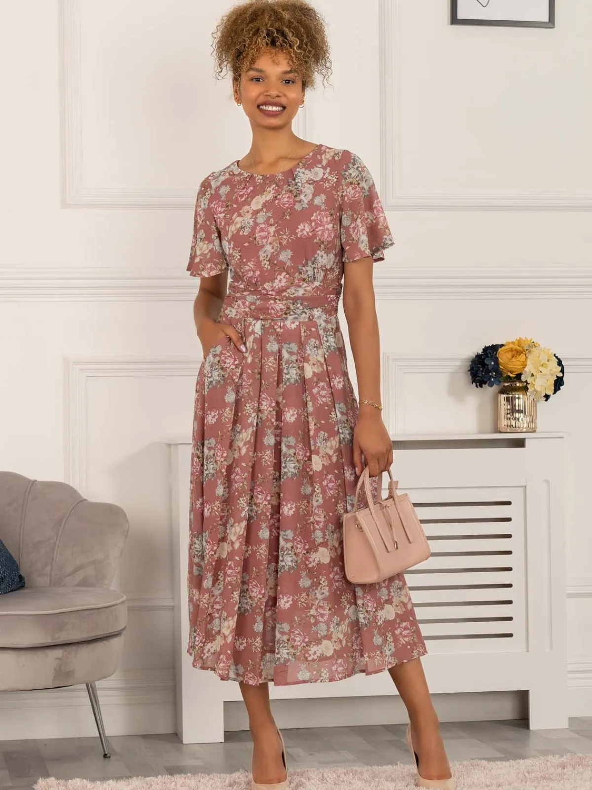 Jolie Moi Occasion Dresses|Weekend Casuals-Nadine Floral Print Chiffon Dress, Mauve