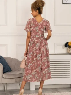 Jolie Moi Occasion Dresses|Weekend Casuals-Nadine Floral Print Chiffon Dress, Mauve