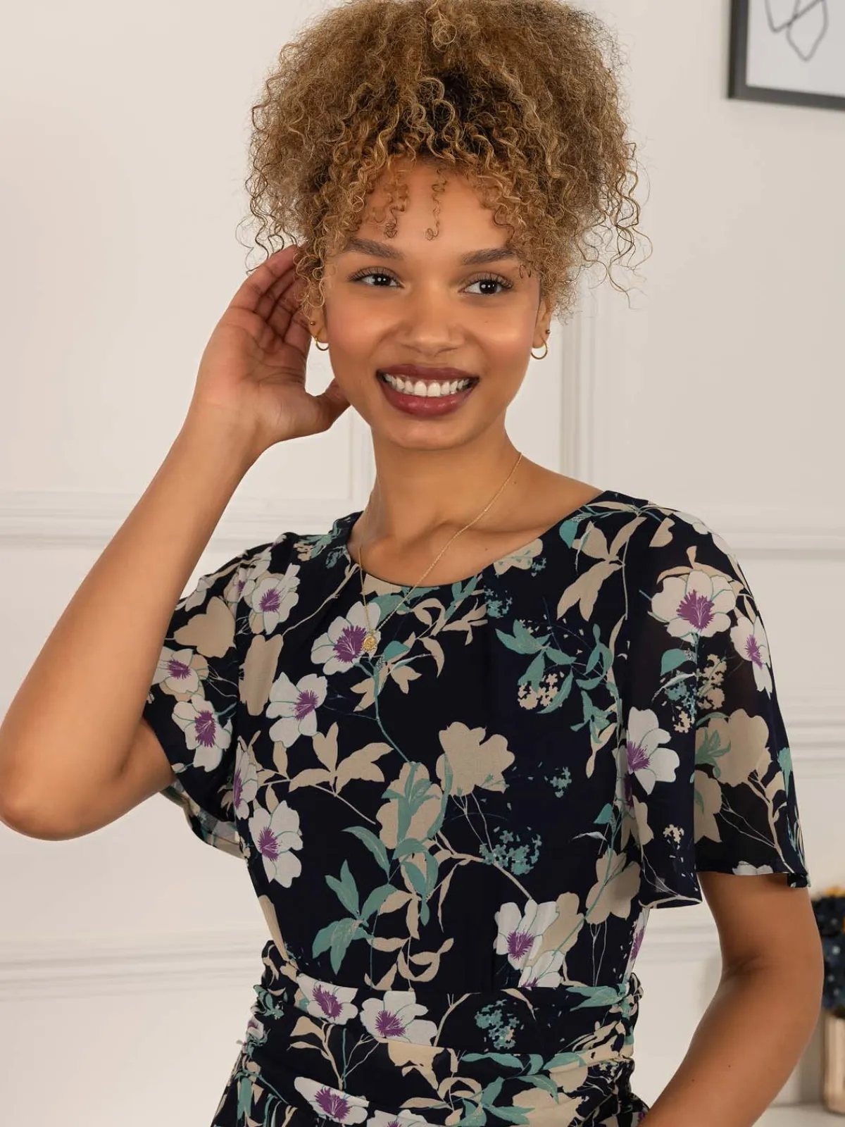 Jolie Moi Occasion Dresses|Weekend Casuals-Nadine Floral Print Chiffon Dress, Navy