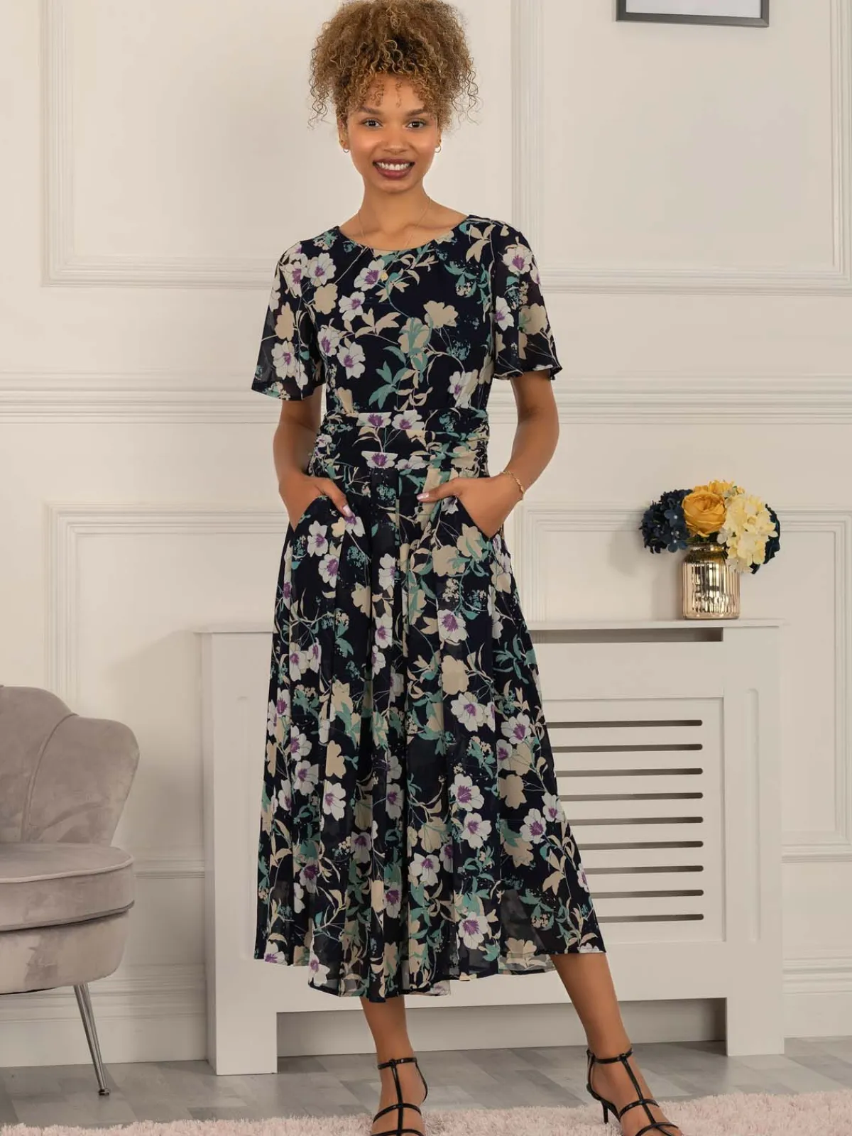 Jolie Moi Occasion Dresses|Weekend Casuals-Nadine Floral Print Chiffon Dress, Navy