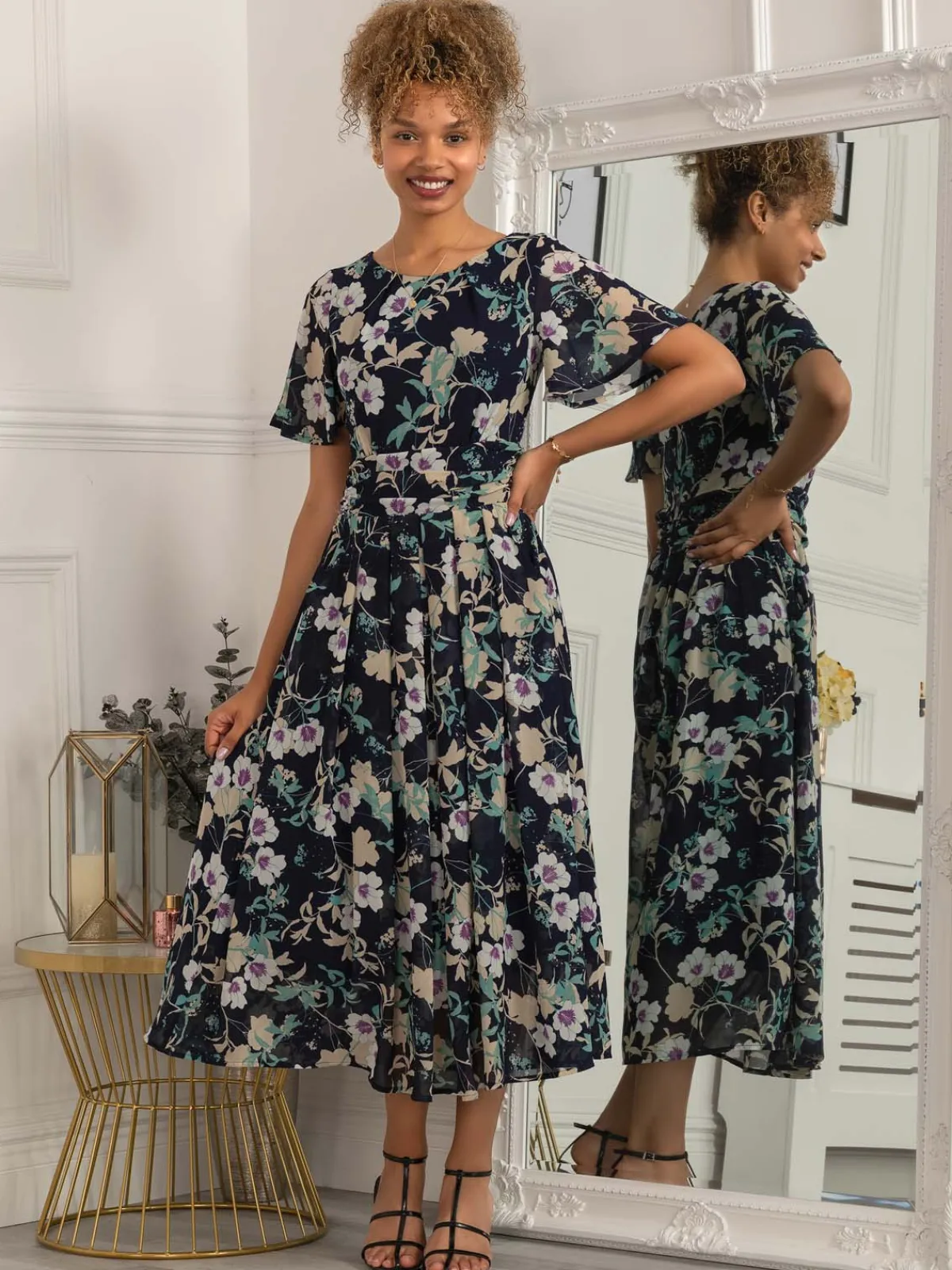 Jolie Moi Occasion Dresses|Weekend Casuals-Nadine Floral Print Chiffon Dress, Navy