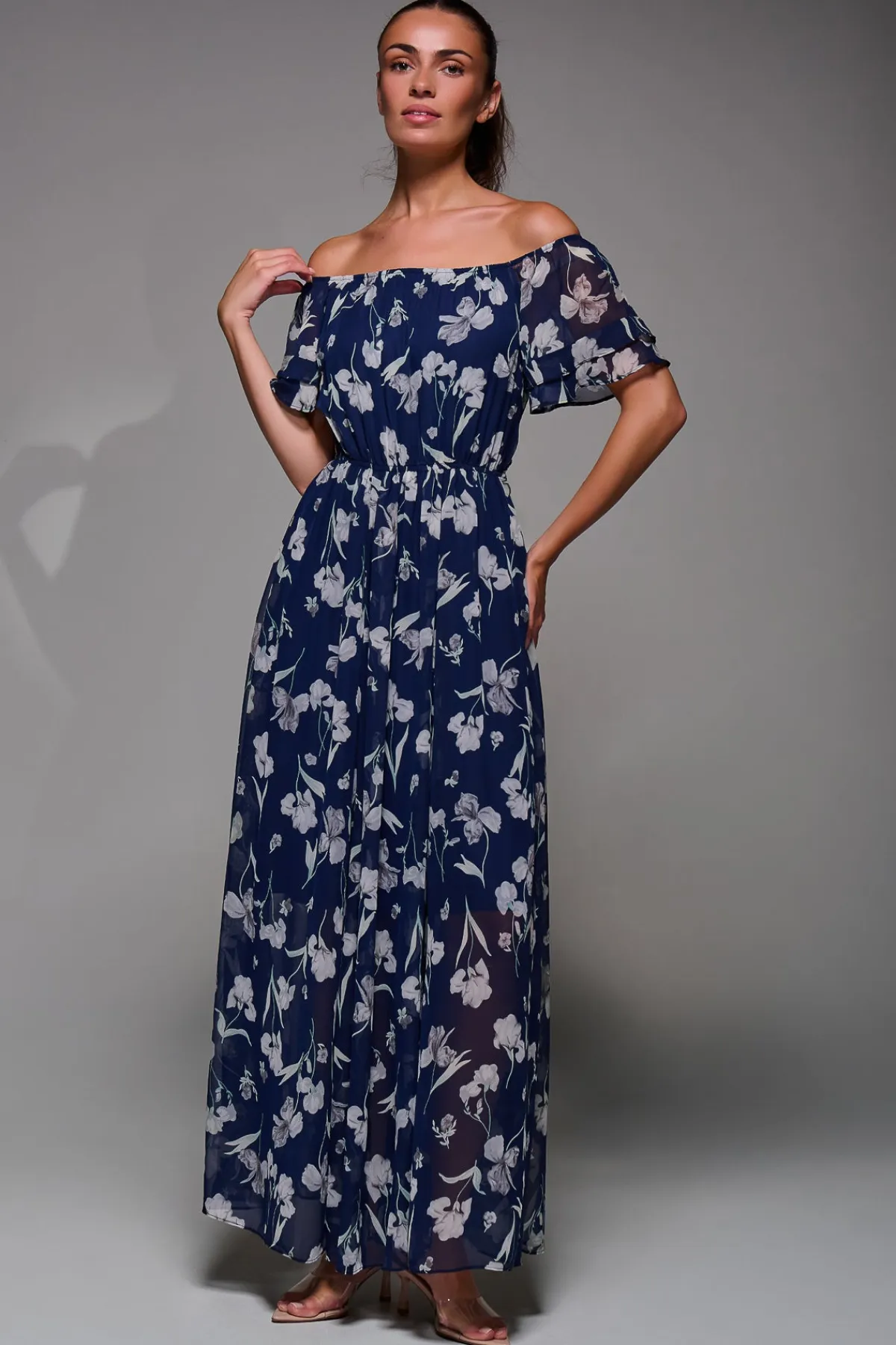 Jolie Moi Occasion Dresses|Weekend Casuals-Off Shoulder Chiffon Maxi Dress, Navy Floral