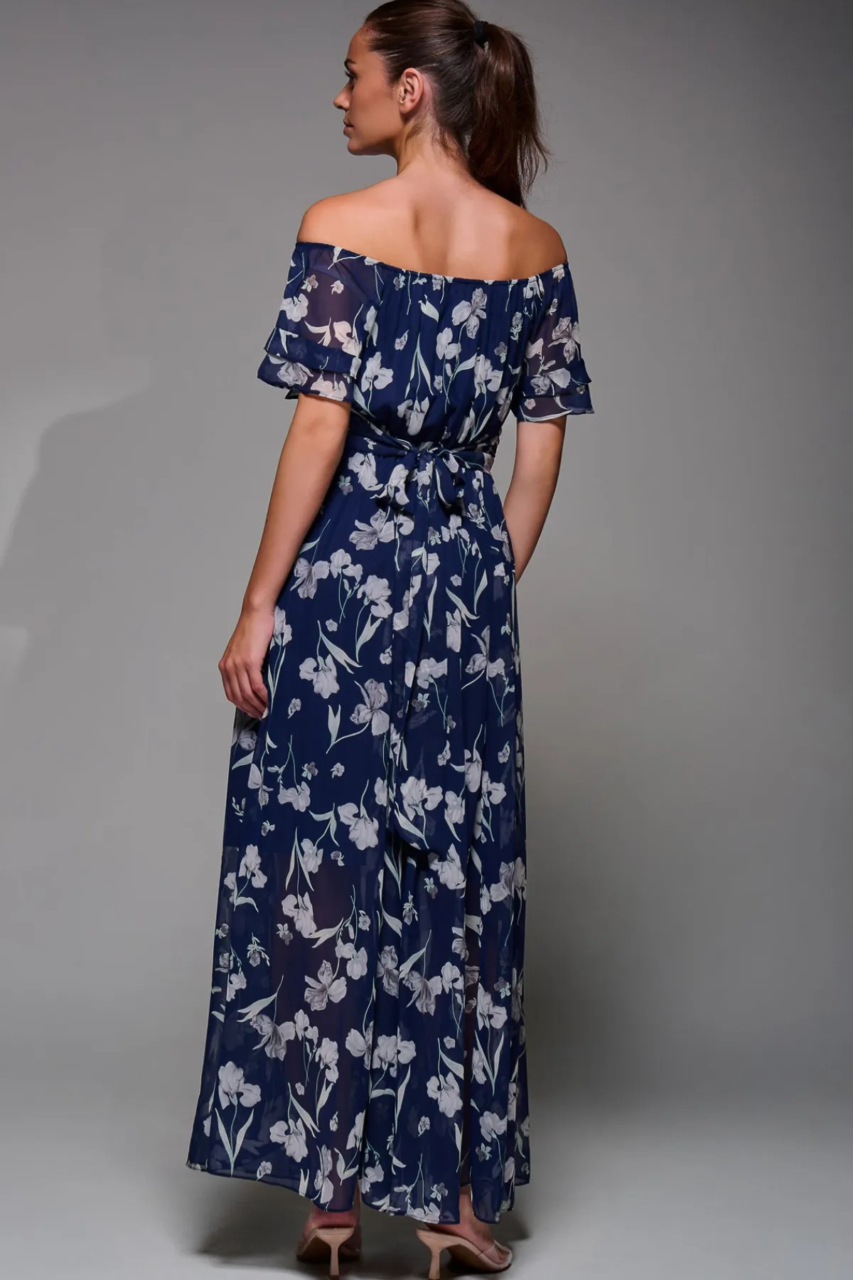 Jolie Moi Occasion Dresses|Weekend Casuals-Off Shoulder Chiffon Maxi Dress, Navy Floral