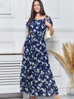 Jolie Moi Occasion Dresses|Weekend Casuals-Off Shoulder Chiffon Maxi Dress, Navy Floral