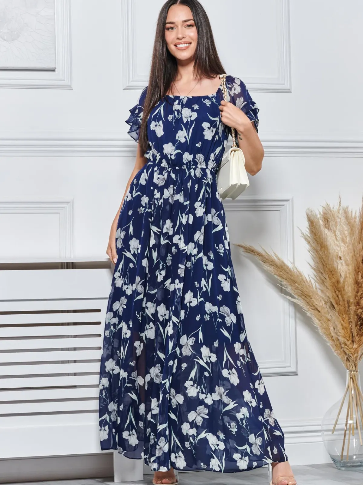 Jolie Moi Occasion Dresses|Weekend Casuals-Off Shoulder Chiffon Maxi Dress, Navy Floral
