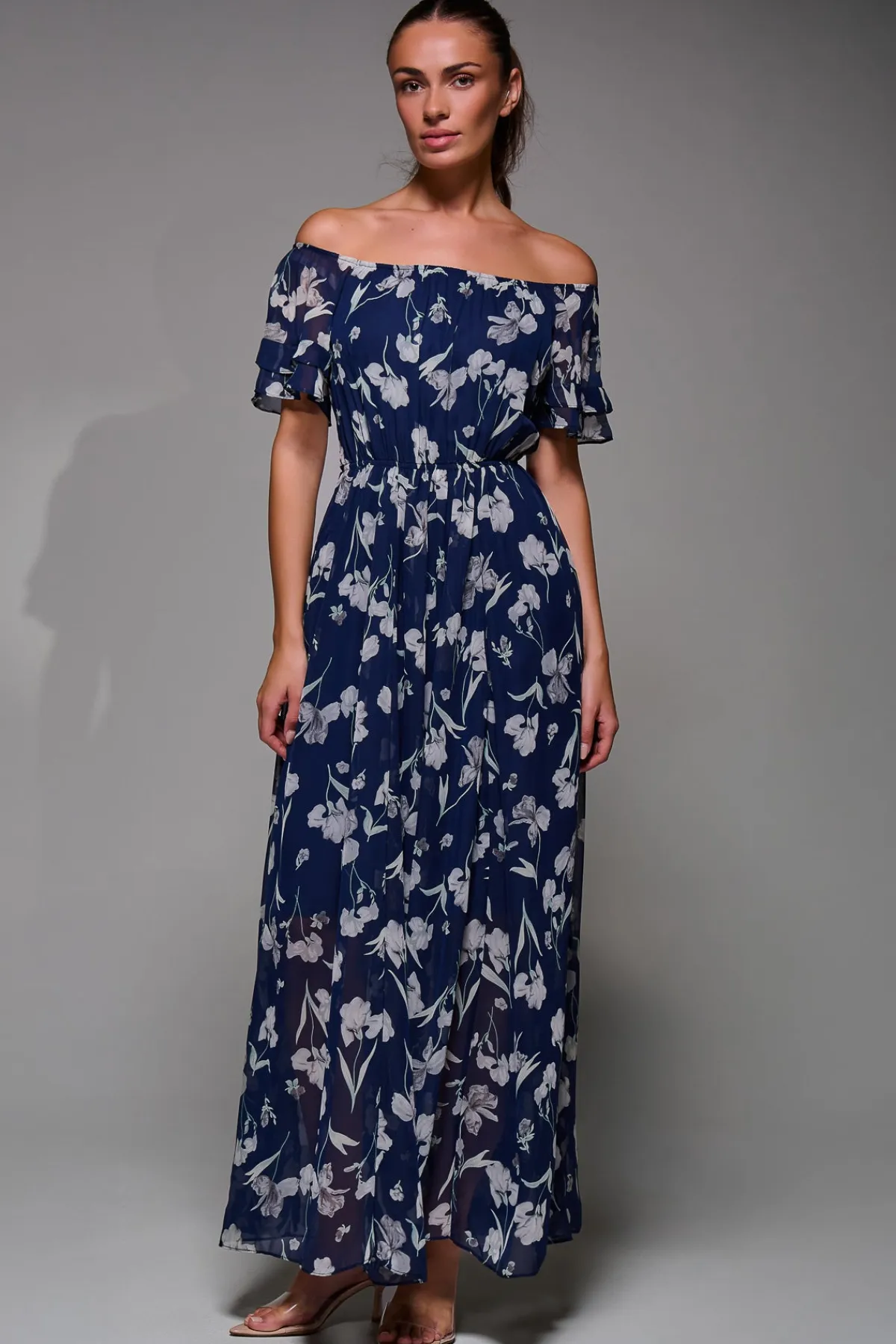 Jolie Moi Occasion Dresses|Weekend Casuals-Off Shoulder Chiffon Maxi Dress, Navy Floral