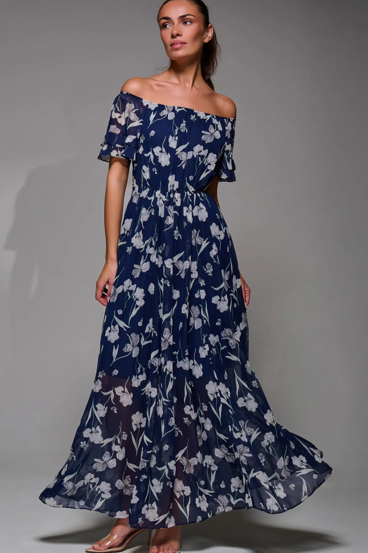 Jolie Moi Occasion Dresses|Weekend Casuals-Off Shoulder Chiffon Maxi Dress, Navy Floral