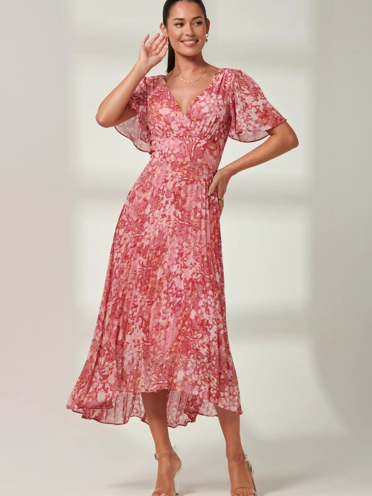 Jolie Moi Occasion Dresses|Floral Dresses-Olenna Angel Sleeve Pleated Chiffon Maxi, Red Abstract