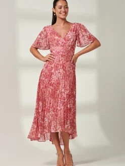 Jolie Moi Occasion Dresses|Floral Dresses-Olenna Angel Sleeve Pleated Chiffon Maxi, Red Abstract