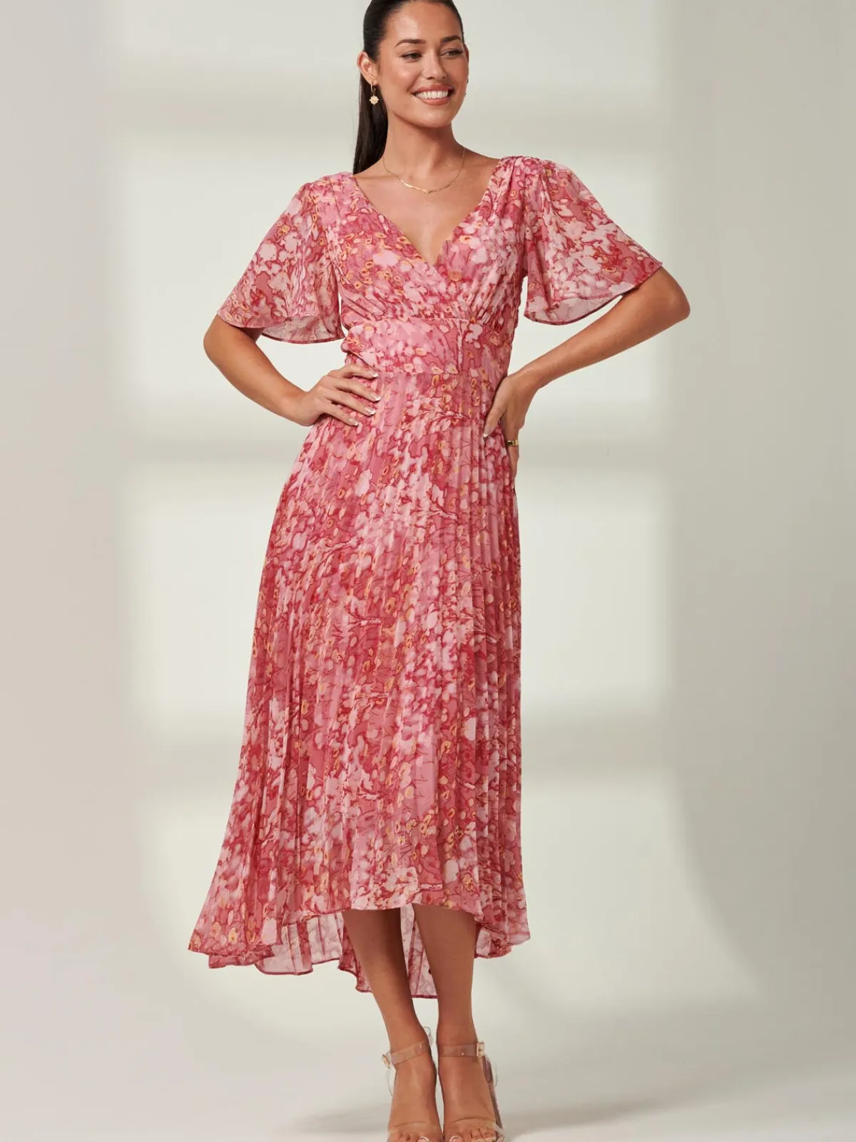 Jolie Moi Occasion Dresses|Floral Dresses-Olenna Angel Sleeve Pleated Chiffon Maxi, Red Abstract