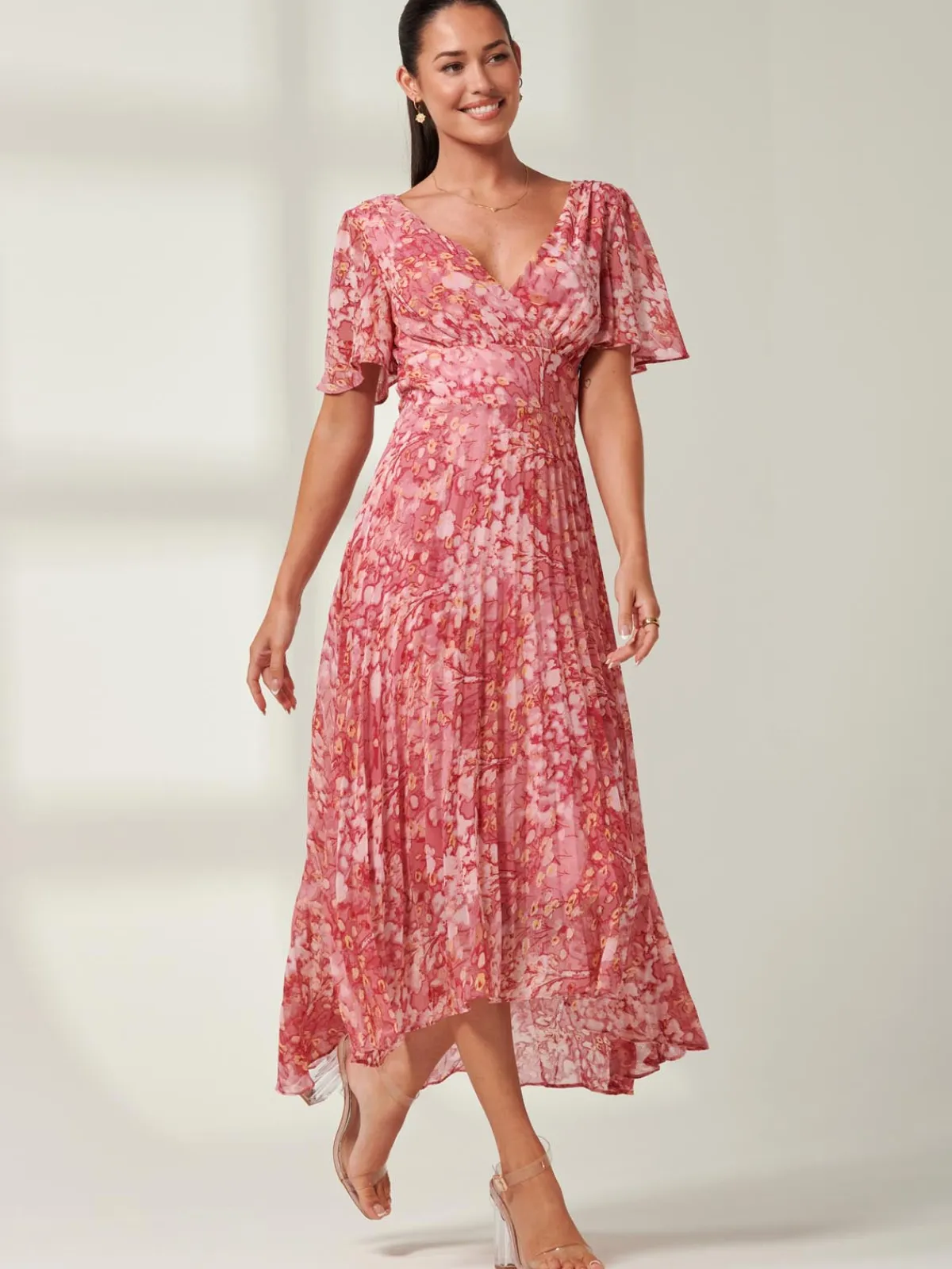 Jolie Moi Occasion Dresses|Floral Dresses-Olenna Angel Sleeve Pleated Chiffon Maxi, Red Abstract