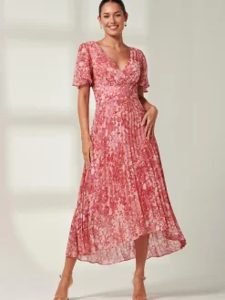 Jolie Moi Occasion Dresses|Floral Dresses-Olenna Angel Sleeve Pleated Chiffon Maxi, Red Abstract