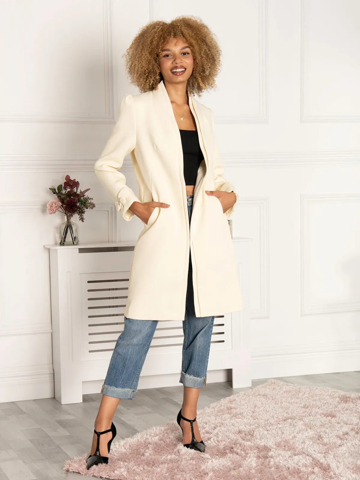 Jolie Moi Coats & Jackets-Open Neckline Woven Coat, Oyster