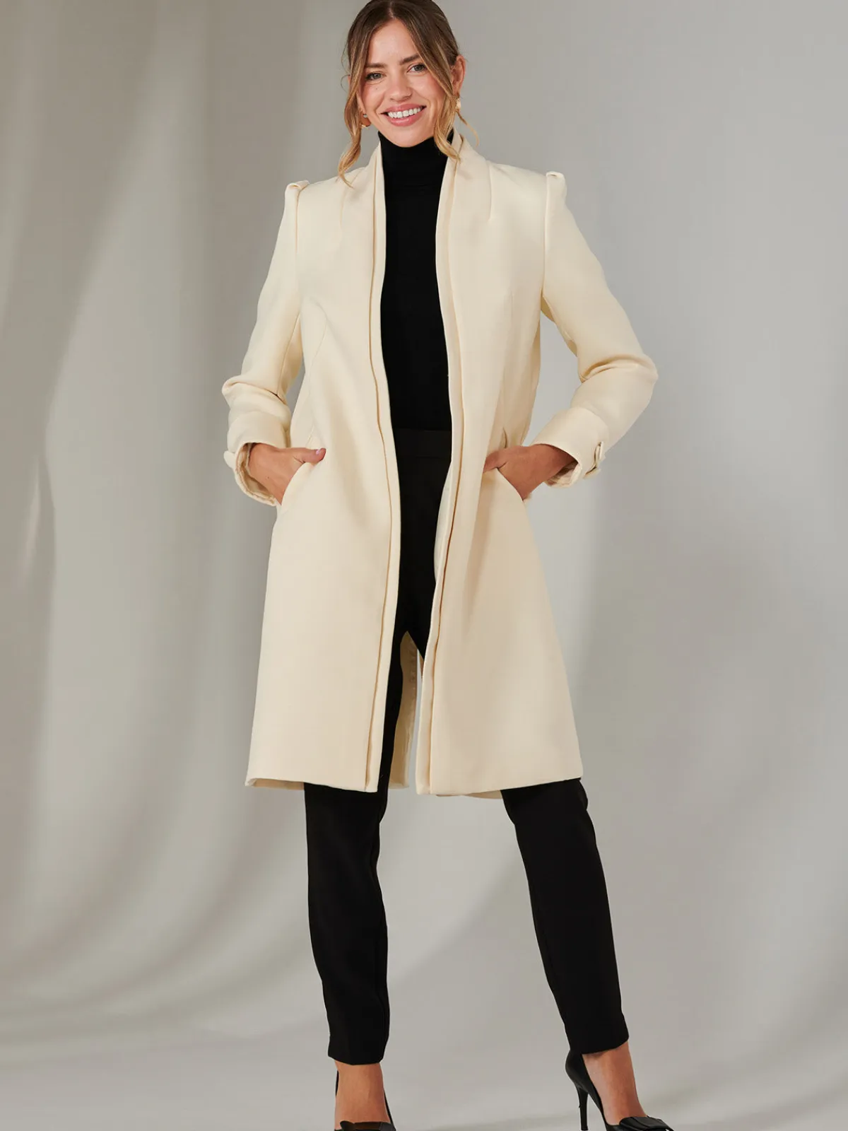 Jolie Moi Coats & Jackets-Open Neckline Woven Coat, Oyster