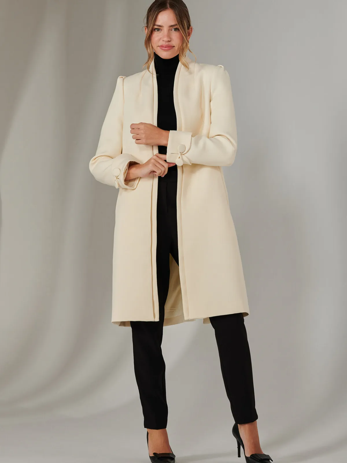 Jolie Moi Coats & Jackets-Open Neckline Woven Coat, Oyster