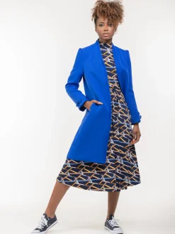 Jolie Moi Coats & Jackets-Open Neckline Woven Coat, Royal Blue
