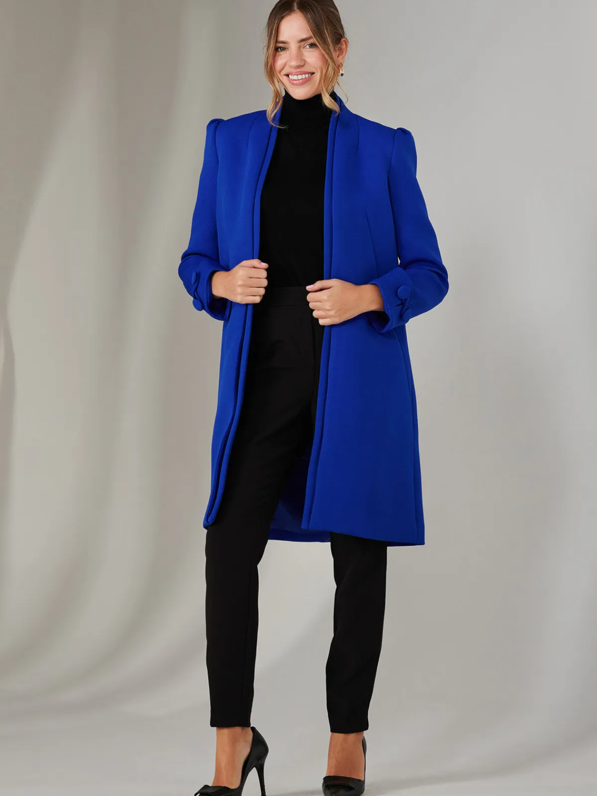 Jolie Moi Coats & Jackets-Open Neckline Woven Coat, Royal Blue