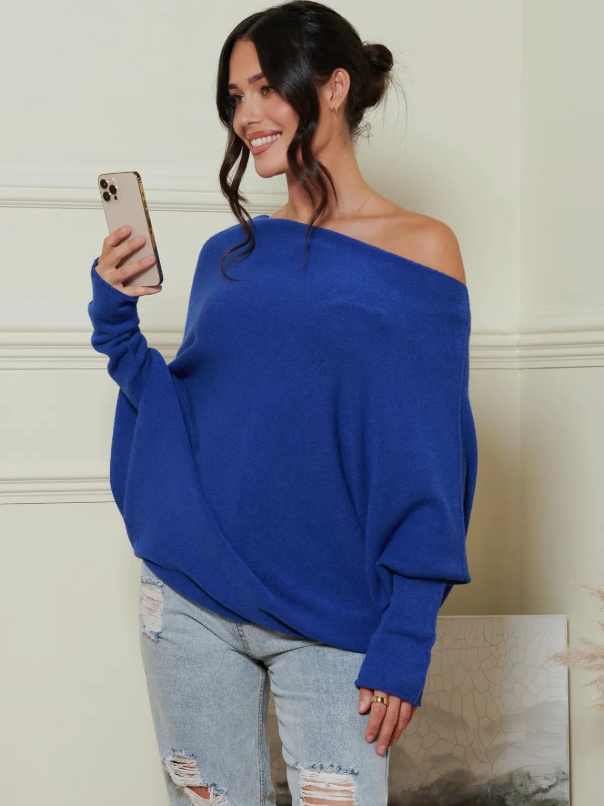 Jolie Moi Weekend Casuals|Knitted Jumpers-Oversize Asymmetric Knitted Jumper, Navy