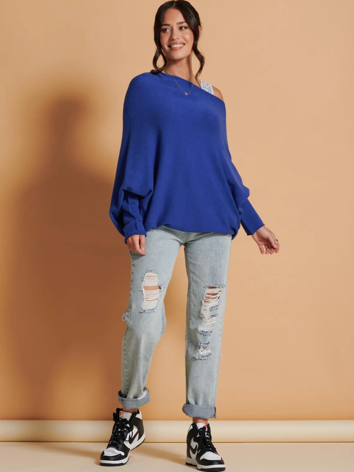 Jolie Moi Weekend Casuals|Knitted Jumpers-Oversize Asymmetric Knitted Jumper, Navy