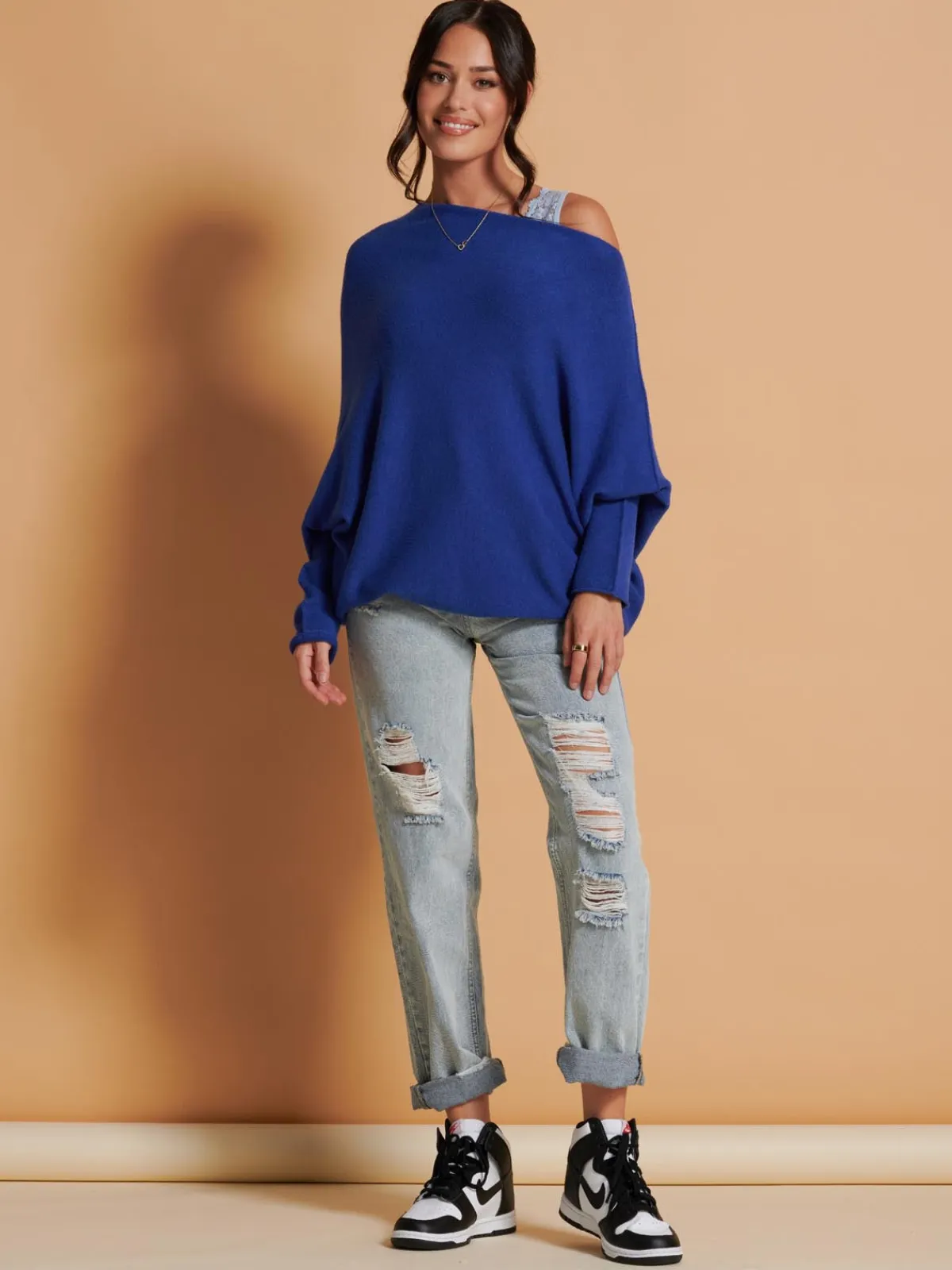 Jolie Moi Weekend Casuals|Knitted Jumpers-Oversize Asymmetric Knitted Jumper, Navy