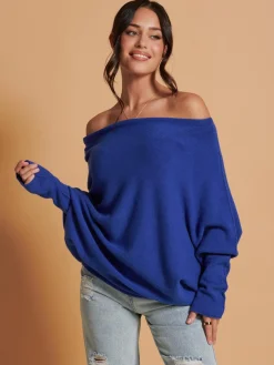 Jolie Moi Weekend Casuals|Knitted Jumpers-Oversize Asymmetric Knitted Jumper, Navy