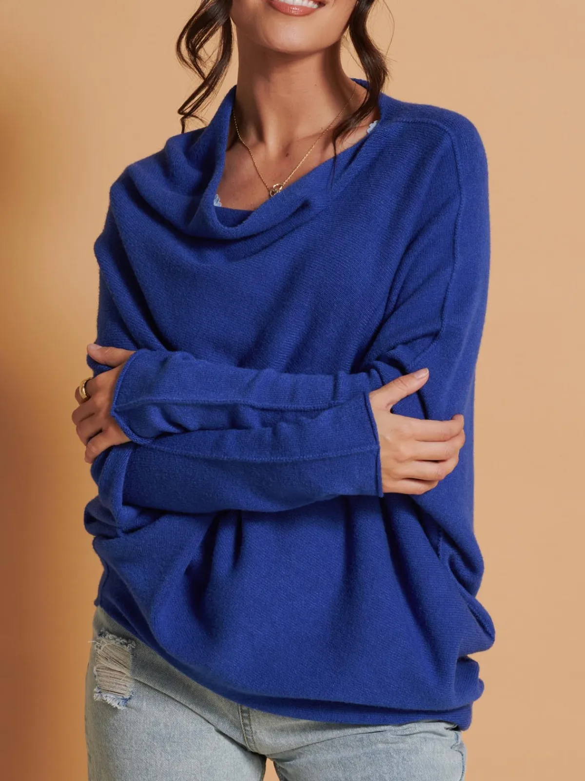 Jolie Moi Weekend Casuals|Knitted Jumpers-Oversize Asymmetric Knitted Jumper, Navy