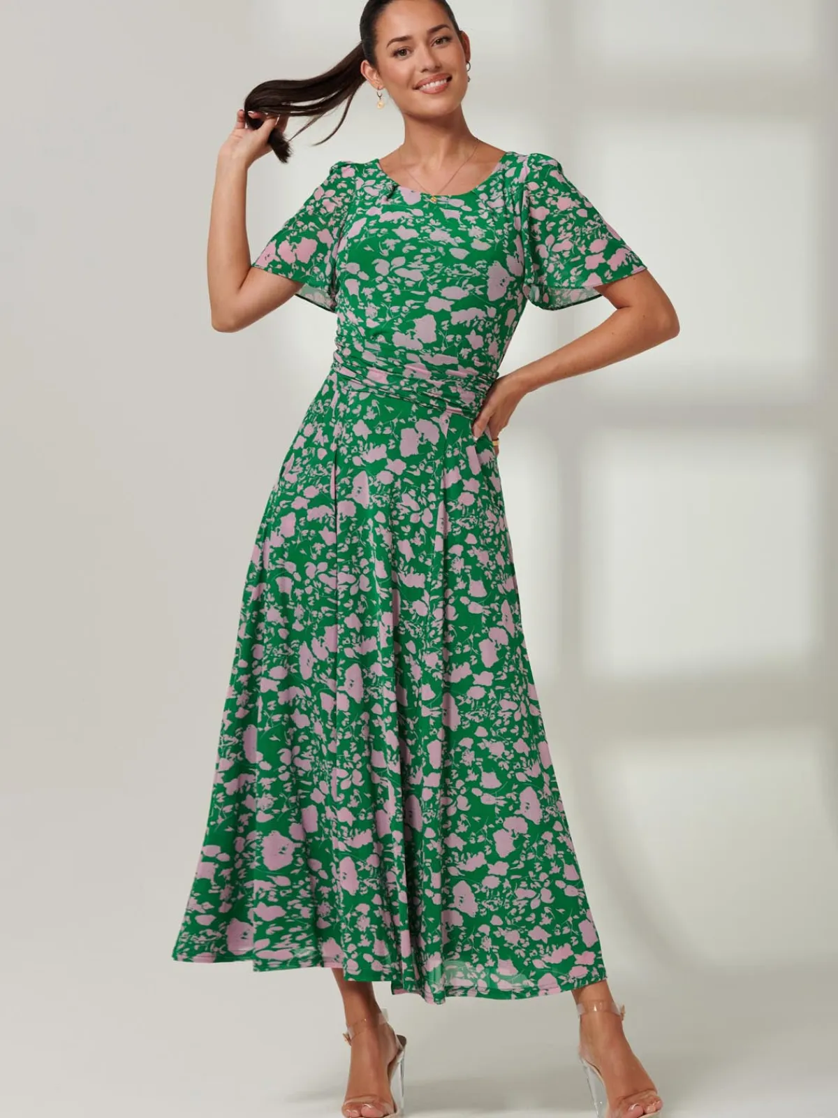 Jolie Moi Occasion Dresses|Floral Dresses-Paityn Angel Sleeve Mesh Maxi Dress, Green Floral
