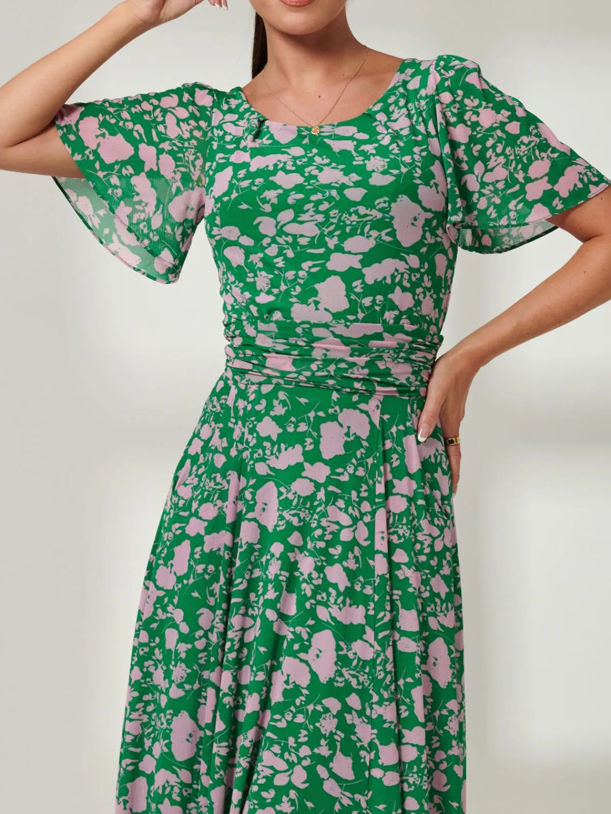 Jolie Moi Occasion Dresses|Floral Dresses-Paityn Angel Sleeve Mesh Maxi Dress, Green Floral