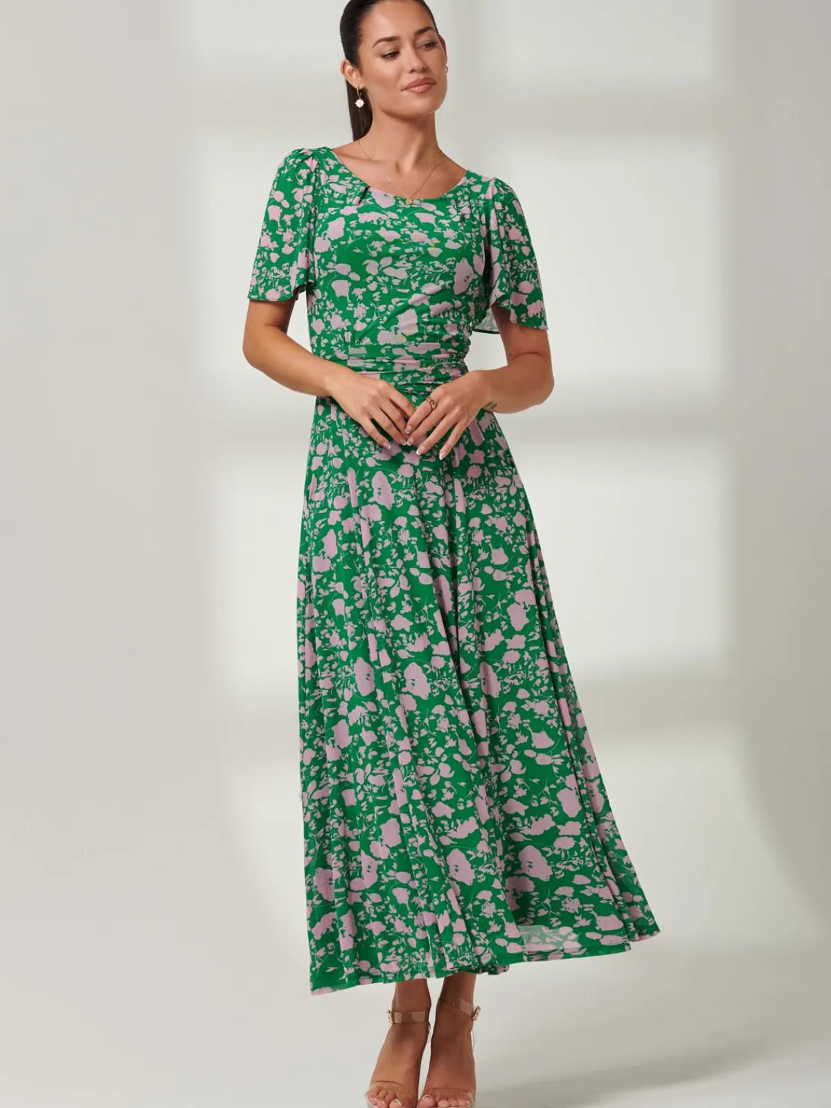 Jolie Moi Occasion Dresses|Floral Dresses-Paityn Angel Sleeve Mesh Maxi Dress, Green Floral
