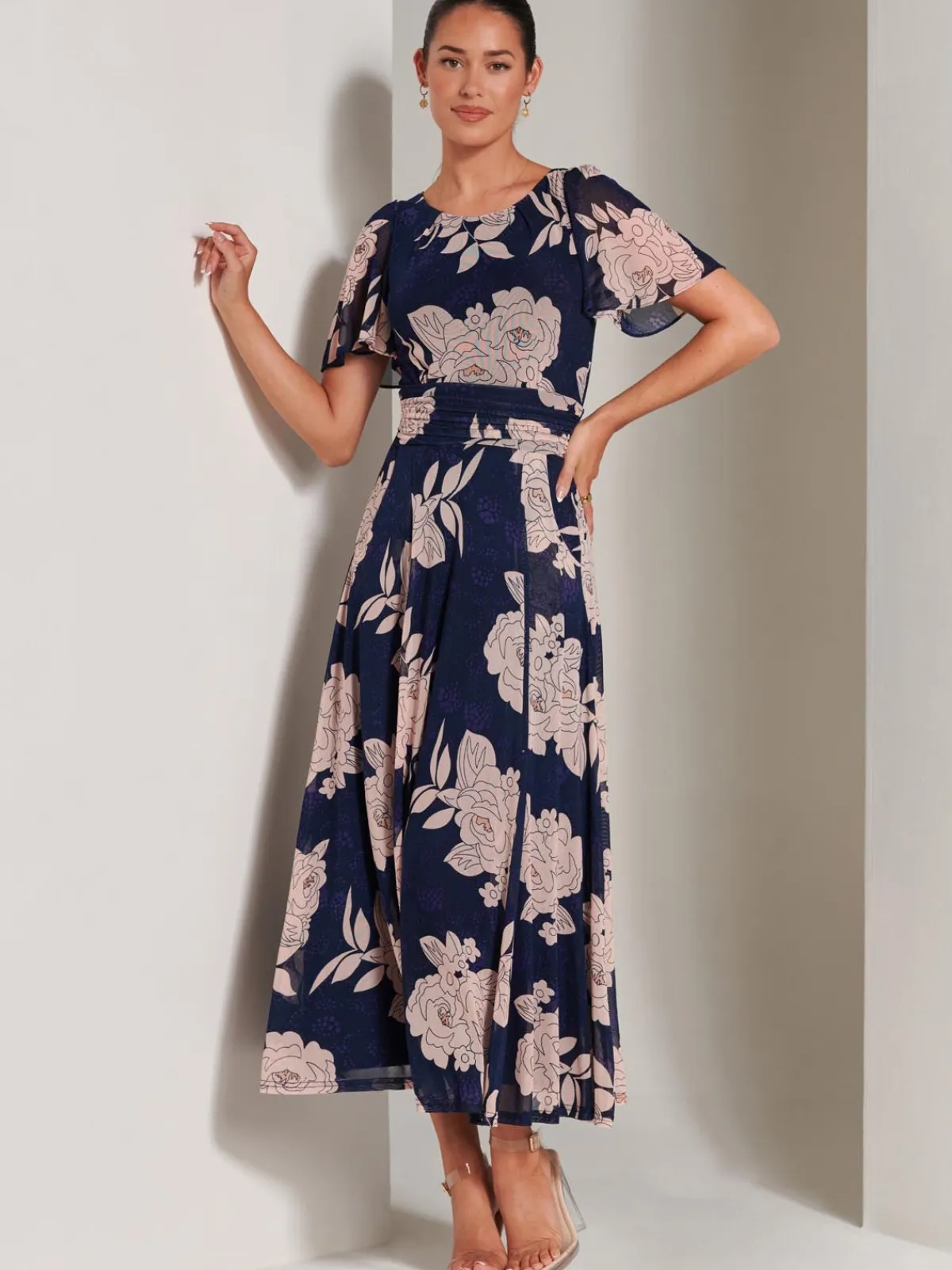Jolie Moi Occasion Dresses|Floral Dresses-Paityn Angel Sleeve Mesh Maxi Dress, Navy Floral