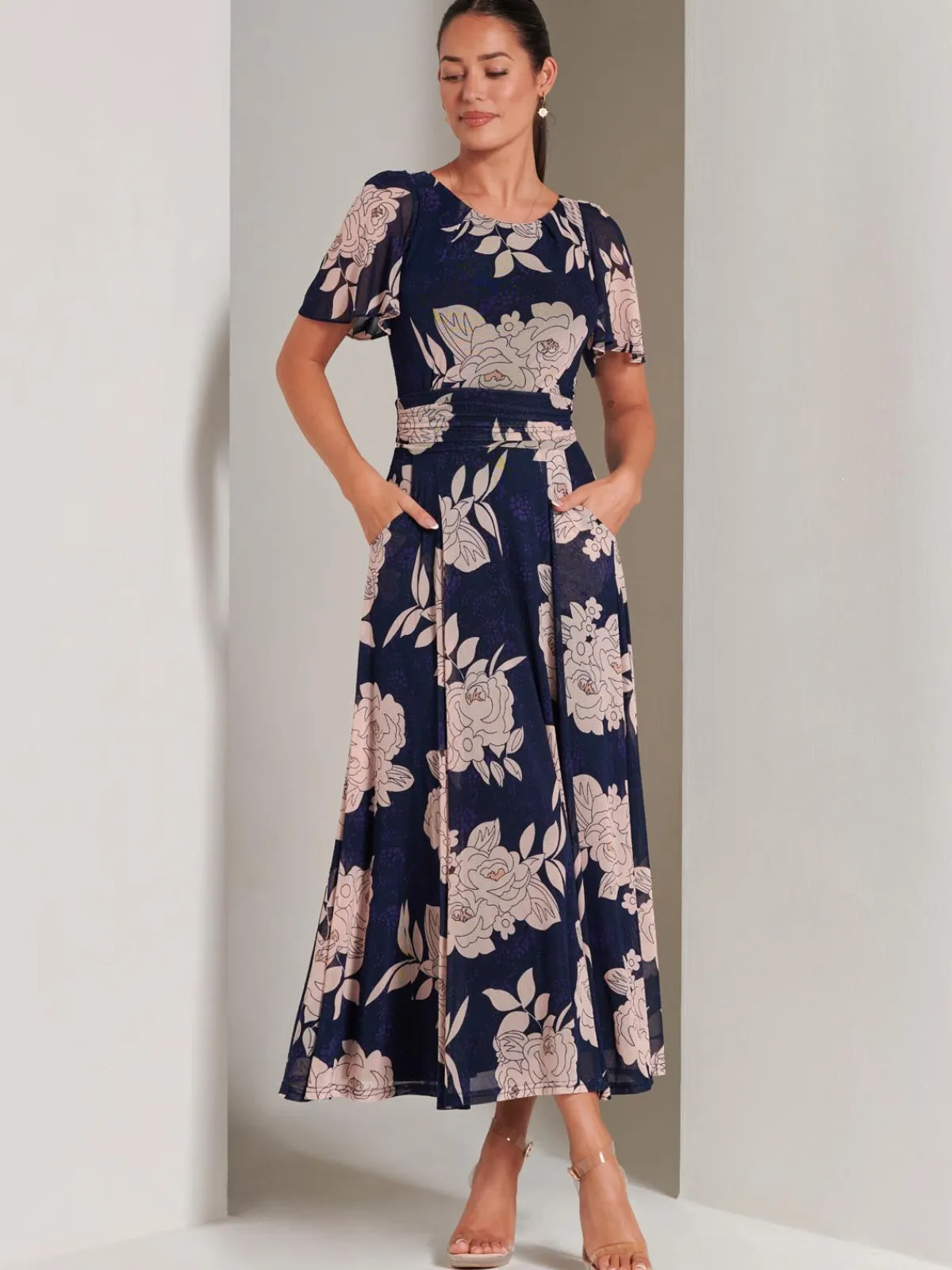 Jolie Moi Occasion Dresses|Floral Dresses-Paityn Angel Sleeve Mesh Maxi Dress, Navy Floral