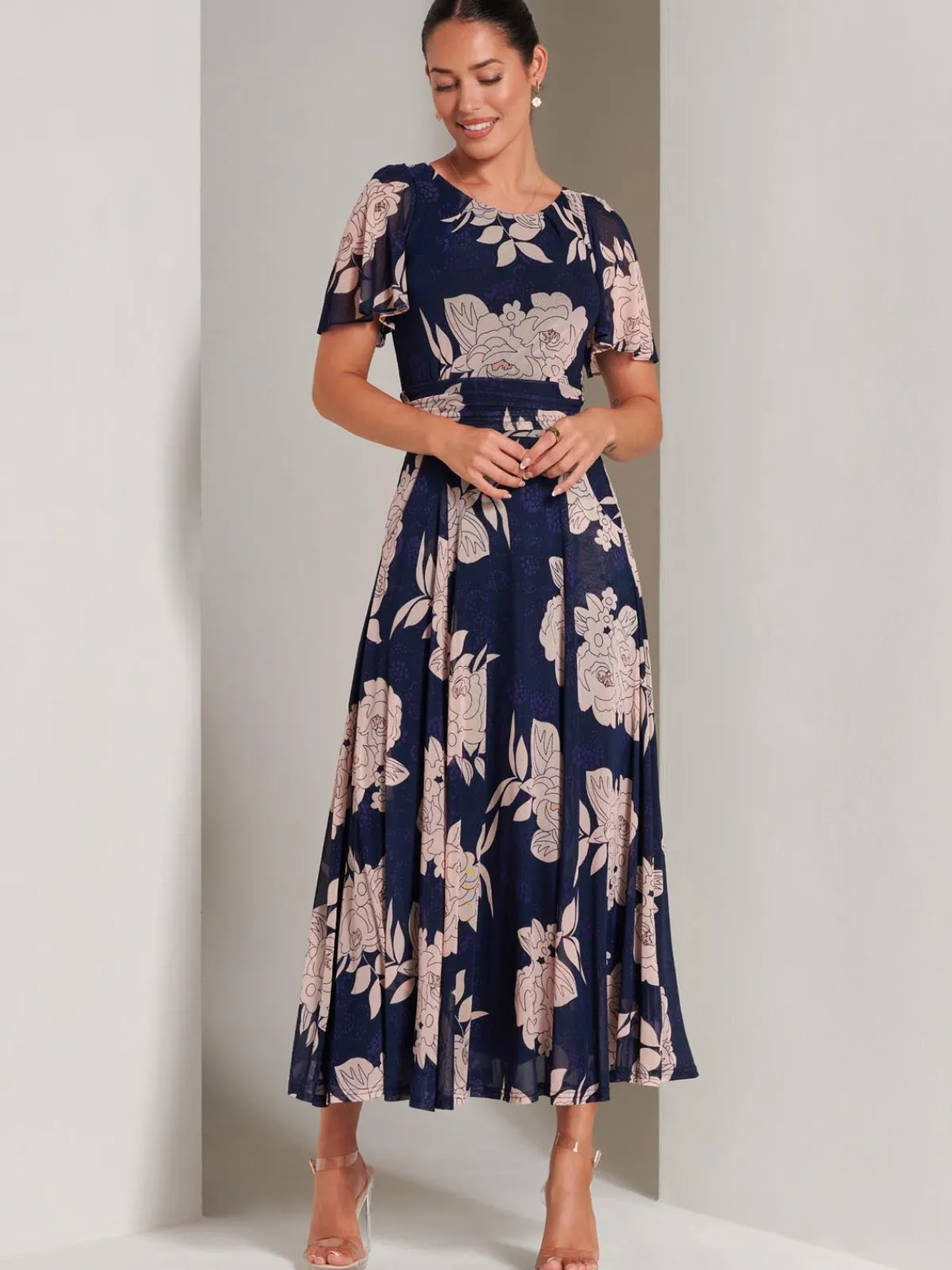 Jolie Moi Occasion Dresses|Floral Dresses-Paityn Angel Sleeve Mesh Maxi Dress, Navy Floral