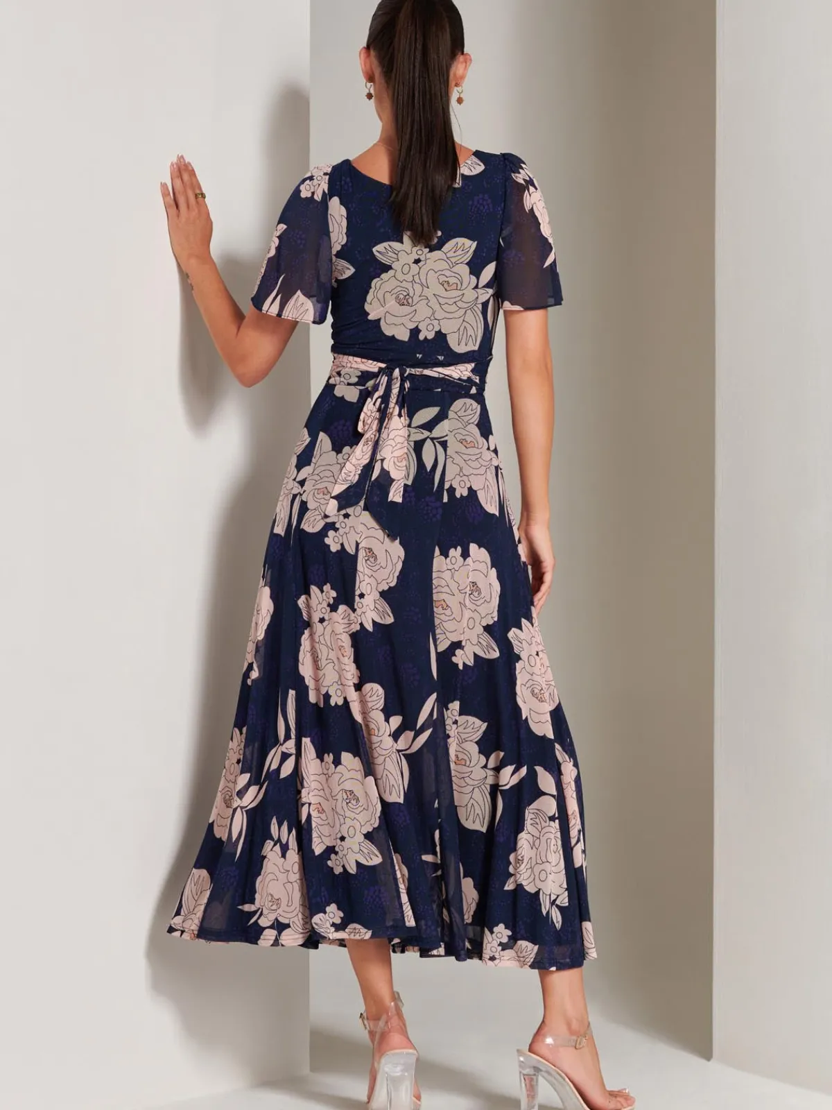 Jolie Moi Occasion Dresses|Floral Dresses-Paityn Angel Sleeve Mesh Maxi Dress, Navy Floral